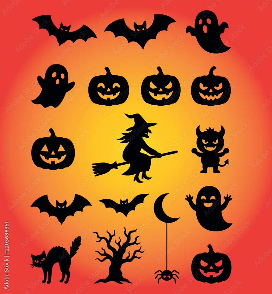 Fototapeta premium Halloween Spooky Silhouettes Vector Set with Bats, Ghosts, Pumpkins, and Flying Witch