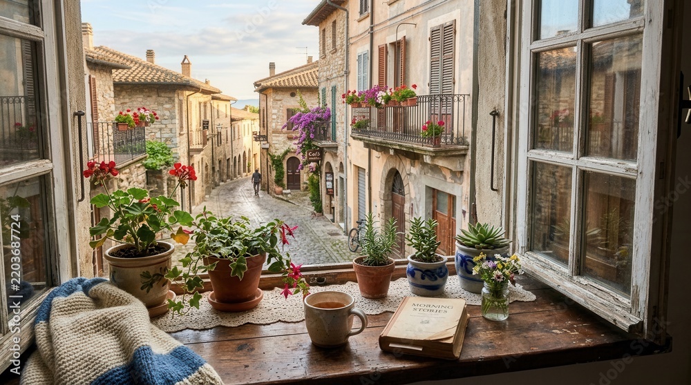 Fototapeta premium Charming Italian Village Street View from a Window with Plants and Coffee.