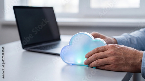 Cloud computing and online data storage concept, man holding cloud lamp next to laptop with blank screen mockup on white table for data backup, cloud service and internet sync