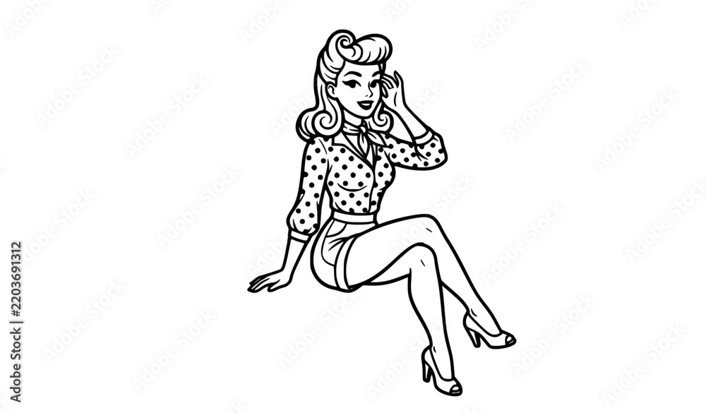 Fototapeta premium Retro pin-up woman in polka dot outfit seated pose black and white cartoon vector