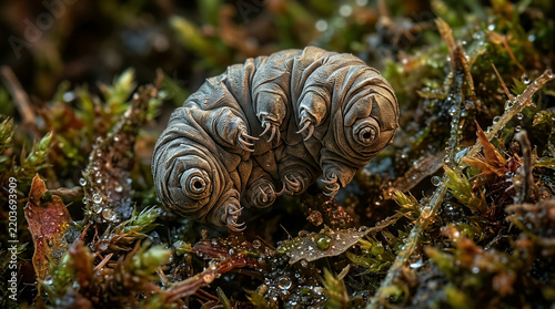 Tiny microscopic tardigrade water bear in dehydrated tun state on natural moss scanning electron micrograph micro-landscape cinematic outdoor