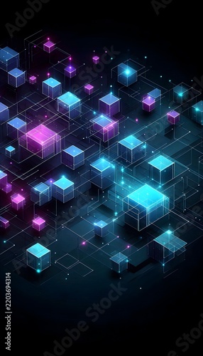 Glowing neon cubes rise in dark space forming a futuristic blockchain structure