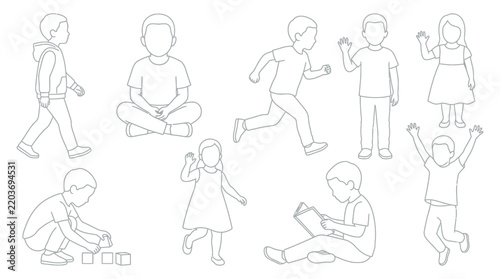 Line drawing of children engaged in various activities white background