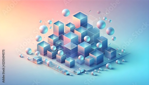 Translucent glass cubes and glossy spheres stacked on a pastel gradient background