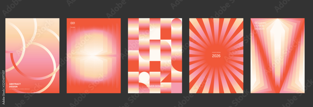 Obraz premium Retro futuristic vector poster template set with coral orange red gradients, geometric rays and soft glowing abstract backgrounds