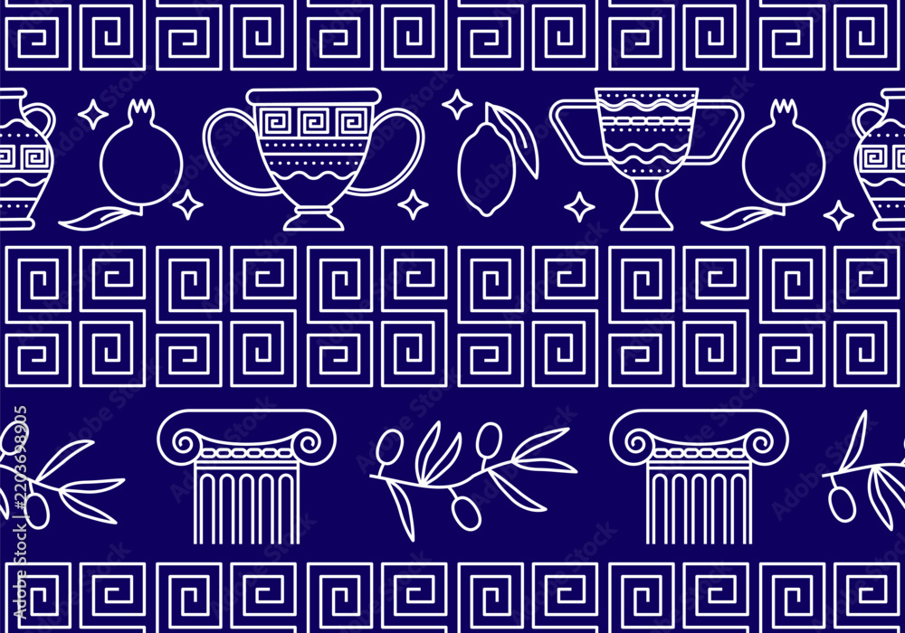 Obraz premium Greek vases seamless pattern, blue Mediterranean seamless pattern. Mythology, Greek seamless pattern