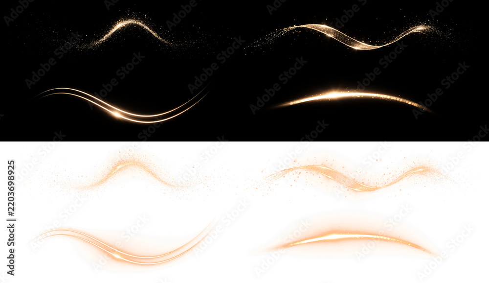Obraz premium Set of transparent png golden light trails and glowing waves with sparkling dust. Luminous curved lines and lens flares isolated on black and transparent backgrounds. Graphic design overlay elements.