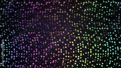 Vibrant Neon Particle Grid Motion Background Featuring Glowing Colorful Circular Lights on Dark Space