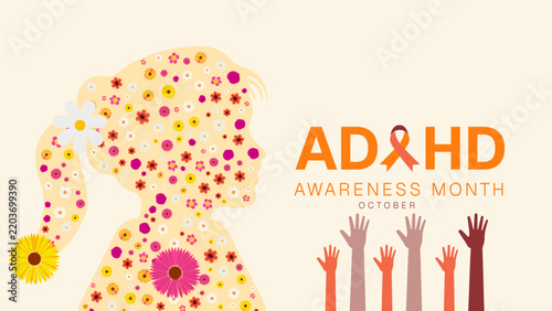 Adhd awareness month illustration with child silhouette made of flowers mental health neurological disorder raised hands graphic design digital art support awareness attention deficit