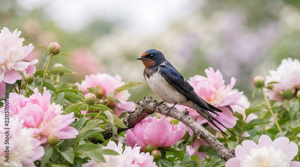 Obraz premium Barn swallow perched on a blooming peony branch in a spring garden