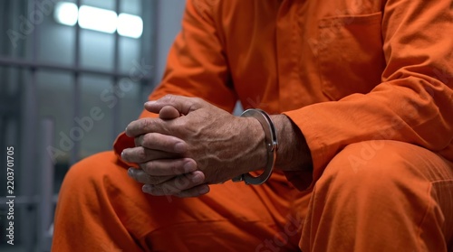 Close-up of a prisoner in an orange jumpsuit sitting with handcuffed hands inside a jail cell