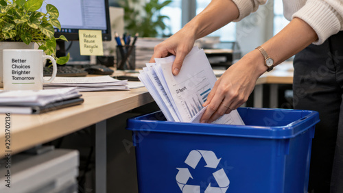 Worker placing printed office paper into a blue recycling bin beside a desk. Documentary lifestyle photography for sustainability reporting and workplace ESG communication.