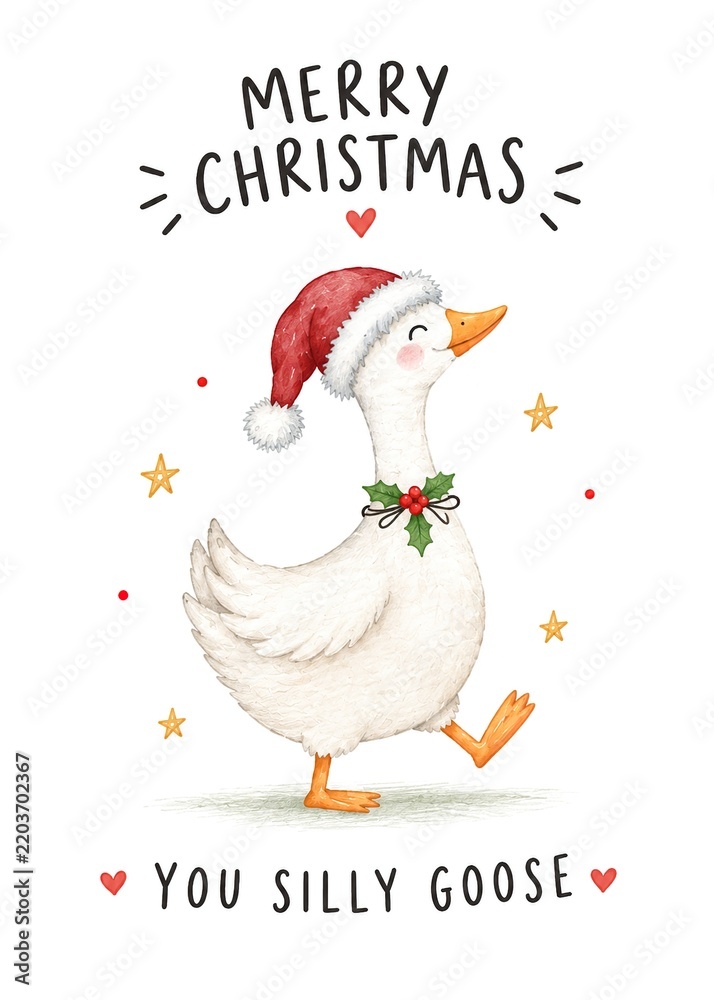 Fototapeta premium Merry Christmas you silly goose funny holiday card. Cute walking white goose wearing Santa hat and pine needle collar winter greeting postcard