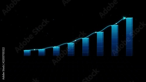 3D Blue Bar Chart with Glowing Cyan Upward Arrow