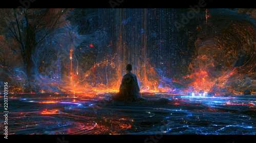Meditation portal mystical fantasy silhouette figure energy glow spiritual temple digital art concept illustration