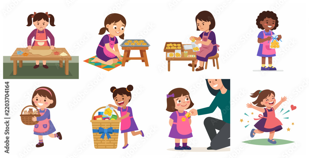 Fototapeta premium Cute little girls set baking and packaging homemade cookies, children learning culinary skills and selling treats for charity or school fair