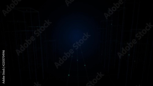 3D Wireframe Cyber City Corridor with Glowing Data Nodes