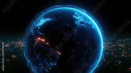 Earth planet hologram digital network blue glow dark space technology global data futuristic concept