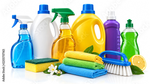 Assorted household cleaning products and supplies isolated on a bright white background.