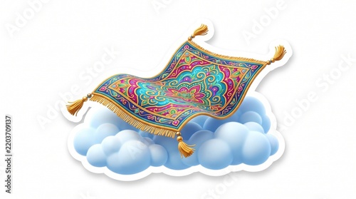 Fantasy Flying Magic Carpet on Soft Clouds 3D Illustration