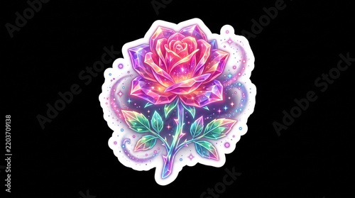 Colorful Fantasy Rose Flower Sticker Illustration with Decorative Leaves