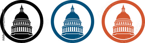 Three icons of the united states capitol building in black, blue, and orange