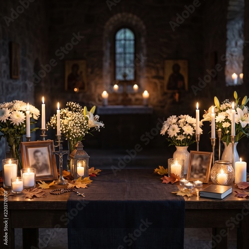 All Souls Day memorial altar with burning candles, framed photos, flowers, and autumn leaves in a quiet church