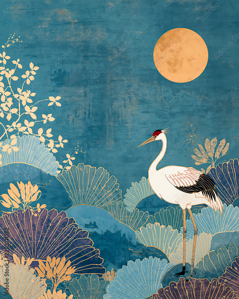 Fototapeta premium Crane birds in sakura garden on blue sky background . Abstract, Japanese, traditional motif. Dark pond water with lotus flowers and waterlilies. Beautiful seamless pattern. Oriental ornament design