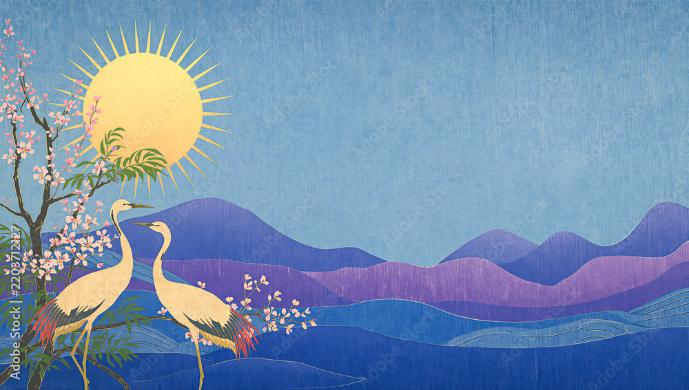 Fototapeta premium Crane birds in sakura garden on blue sky background . Abstract, Japanese, traditional motif. Dark pond water with lotus flowers and waterlilies. Beautiful seamless pattern. Oriental ornament design