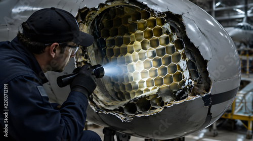 Engineer inspects complex machinery with flashlight.