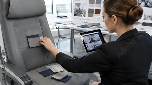 Woman working with a tablet and a seat display in a modern setting.