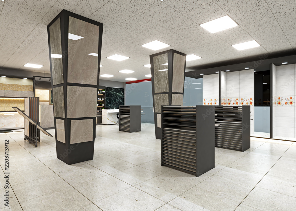Fototapeta premium Contemporary tile and stone showroom with display columns stone displays flooring store marble slabs interior design building materials home renovation architectural materials floor samples