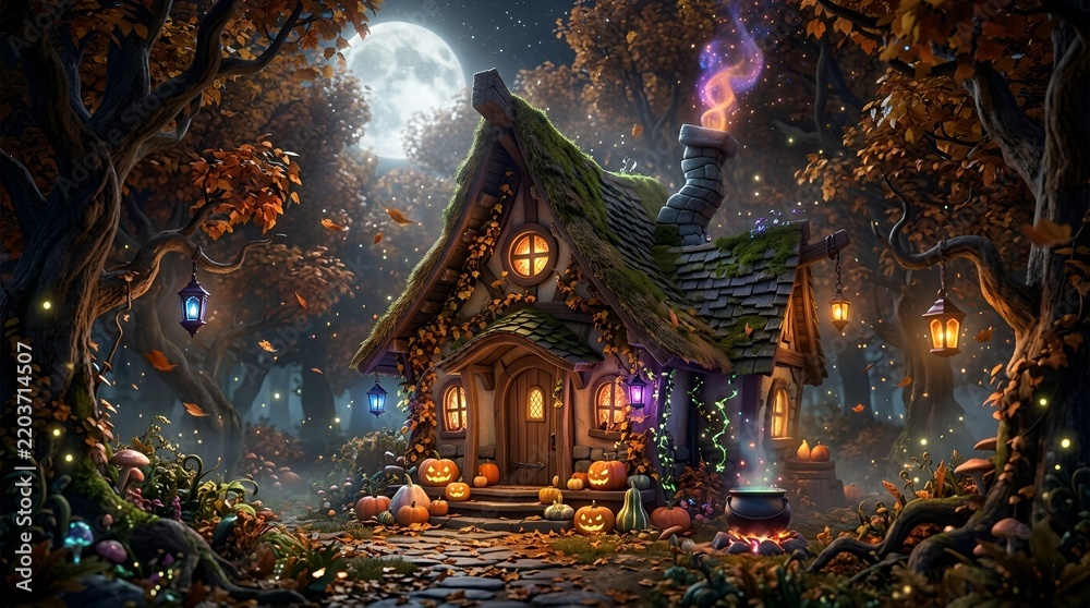 Fototapeta premium Magical Witch Cottage in an Autumn Forest at Night 