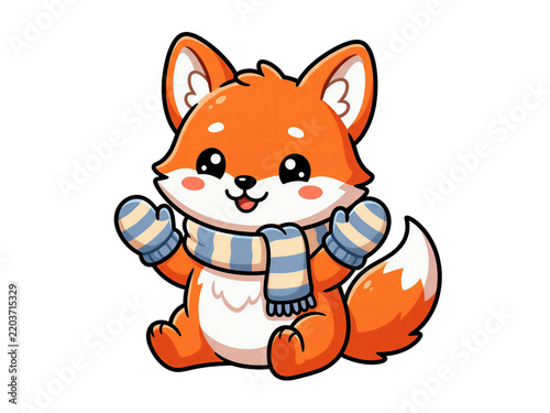 Cute fox character wearing a winter scarf and mittens for cold weather celebration on transparent background