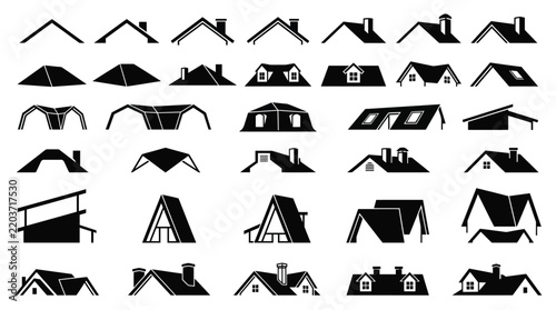 Black silhouette vector set of various residential house roof styles for architectural design and construction projects