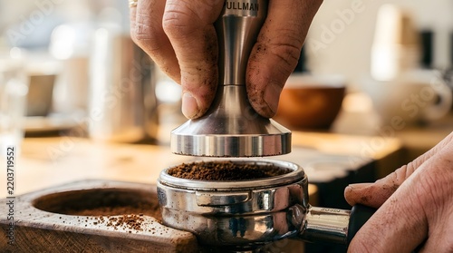 Barista tamping ground coffee with a stainless steel tamper to prepare espresso