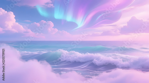 Waves with pink-purple aurora glow