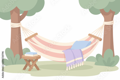 Comfortable hammock tied between green trees with cozy blanket and pillow in a sunny backyard garden for summer relaxation