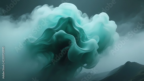 Dark green swirling cloud over misty mountains