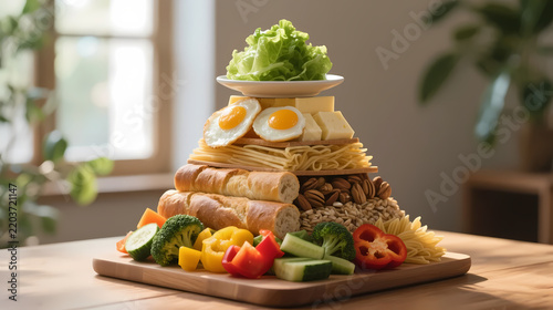 Pyramid-shaped food tower with noodles and eggs