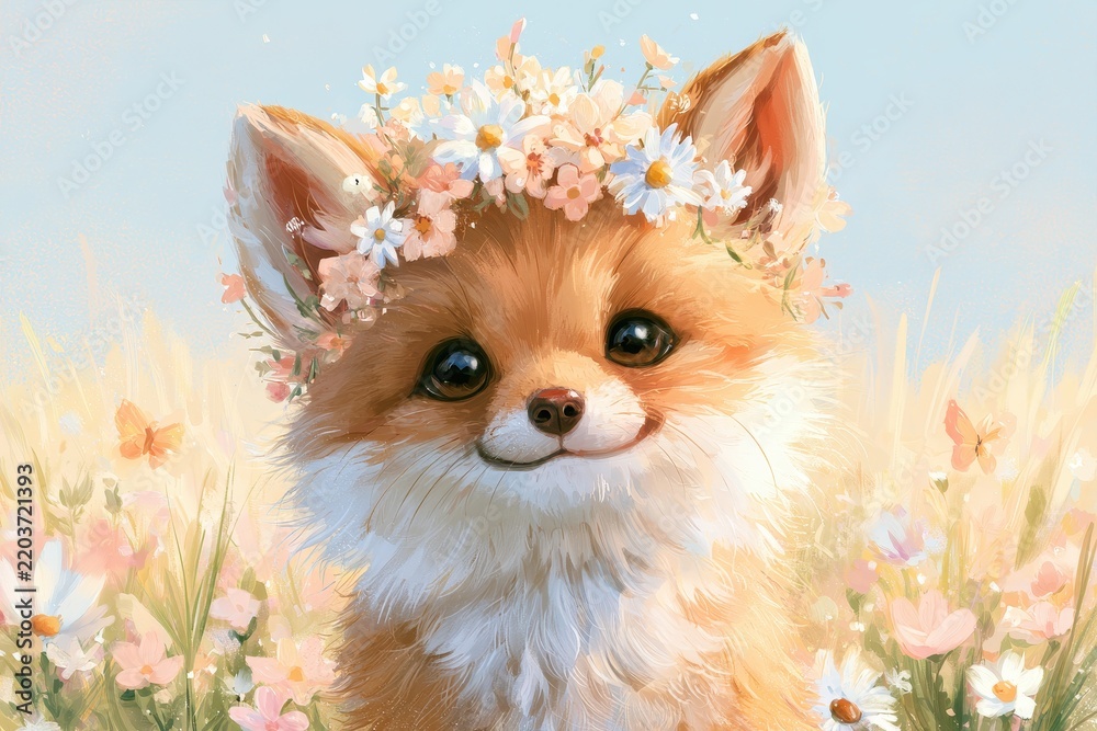 Obraz premium Playful springtime fox kit with floral crown, cozy woodland scene for children's illustration