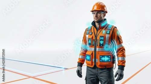 A worker stands wearing a smart PPE vest with GPS technology in an industrial environment. The vest connects to IoT devices for enhanced safety.