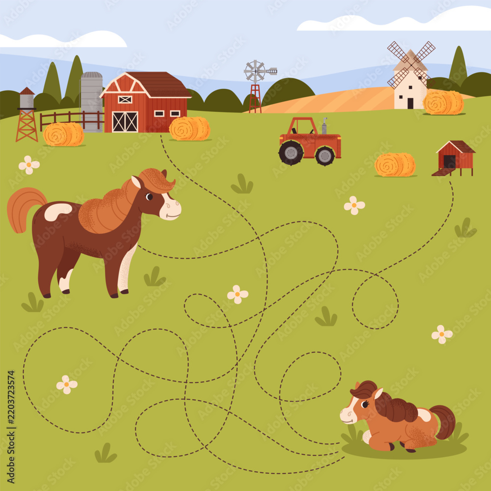 Fototapeta premium Help the baby animal find its mother. Logic game for children. Maze. Riddle. Preschool education. Find. Guess the correct answer. Farm animal. Horse and foal. Barn, haystack, tractor, mill