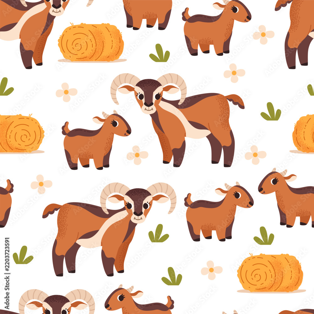 Obraz premium Seamless pattern with goat. Farm animals. Cute cartoon pets. Various animals. Goat, kid and haystack. Flowers and grass. Meadow, pasture. Vector illustration.