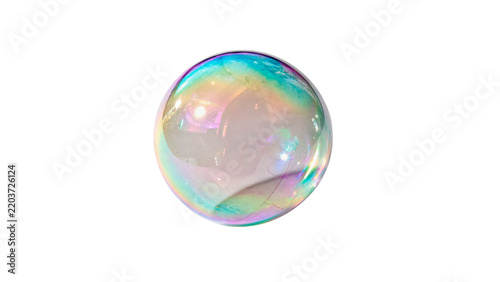 Single transparent soap bubble with rainbow reflection on transparent background