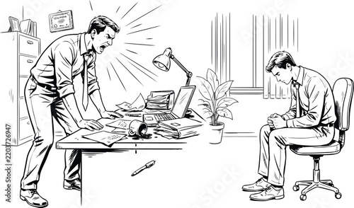 Quadro su tela Angry businessman shouting at subordinate in office during stressful work day wi