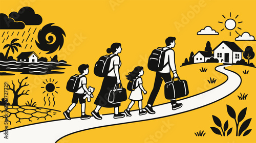 Illustration of a family migrating along a road from a drought and storm-damaged landscape toward a safe rural community, depicting climate migration.
