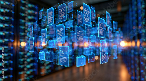 Floating luminous document cards arranged in layers above a pristine server aisle, transparent files, folders and data sheets with subtle digital symbols, enterprise information management concept, 