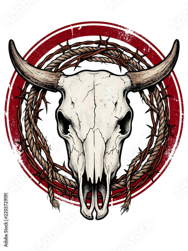 Bull skull emblem with rustic rope and barbed wire design isolated icon on transparent background