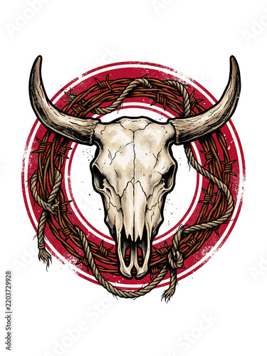 Bull skull with barbed wire and rope illustration inside a circular emblem on transparent background